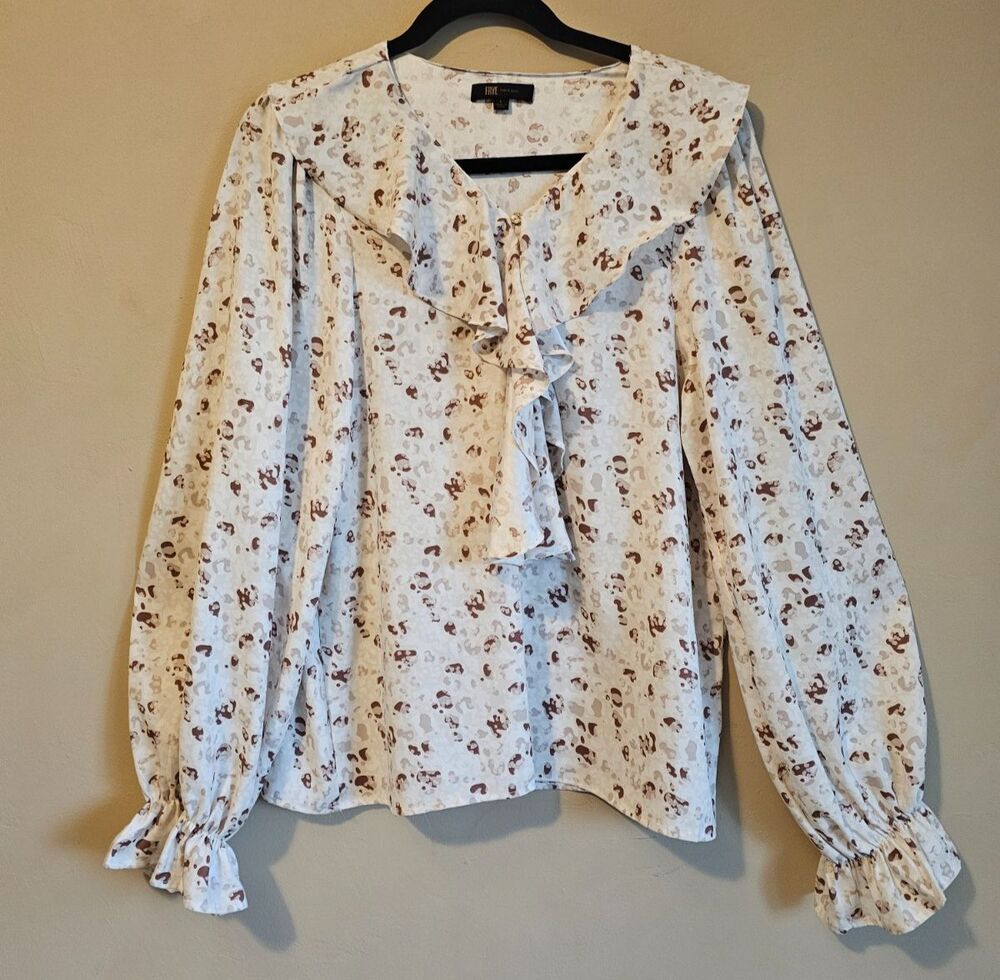 Frye Saltbreeze Combo Long Sleeve Ivory Brown Lightweight Ruffled Blouse Large